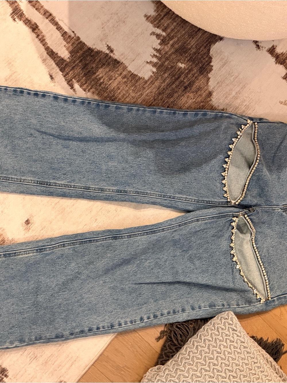 Steve Madden Light Blue Straight Leg Jeans with Pearl-Trim Cutouts